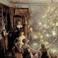 a painting of people around a christmas tree