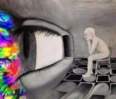 a drawing of a person sitting on top of a tv set with an eye looking at it