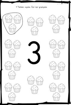 the number three with cupcakes on it is shown in black and white coloring