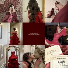 the collage shows several different images of women in red dresses