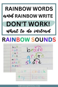 rainbow words are written on lined paper with the words rainbow in different colors and font