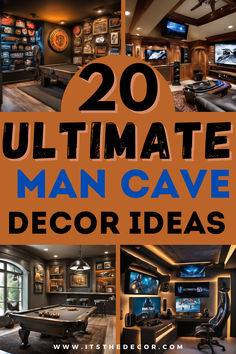 Man cave inspiration featuring various decor ideas including sports memorabilia, neon signs, and game tables. Bachelor Living Room, Dream Man Cave