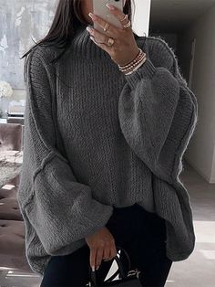 Women Solid Color Dropped Shoulder Stand Collar Long Sleeve Loose Casual Sweater Dress, Autumn/Winter Dark Grey Casual  Wrist-Length Sleeve Knitwear Plain  High Stretch  Women Clothing, size features are:Bust: ,Length: ,Sleeve Length: Oversized Sweaters For Women, Casual Sweater Dress, Ankle Boots With Jeans, Winter Dark, Shoulder Stand, How To Wear Ankle Boots, Sweater Dress Casual, Pull Oversize, Oversize Casual