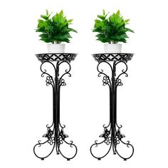 two black metal plant stands with plants on them