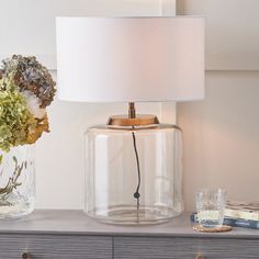 Modern Clear Glass Table Lamp Base – Antique Brass Detailing & LED Compatible - Decor interiors Clear Glass Table Lamp, Clear Glass Lamps, Glass Lamp Base, Large Table Lamps, Brass Table Lamp, Classic Interiors, Polished Style, Antique Brass Metal, Table Lamp Base