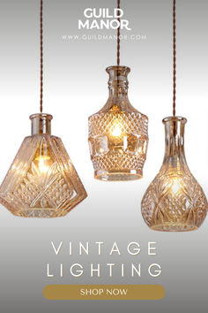 three glass vases hanging from strings with the words vintage lighting shop now on them