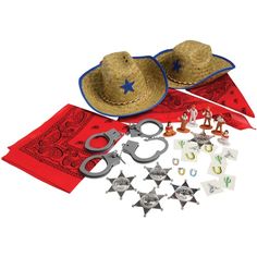 cowboy hats and accessories are laid out on a red bandana with silver star decorations