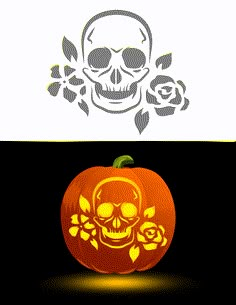 a halloween pumpkin with a skull and roses on the front is shown in two different colors