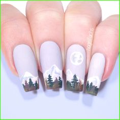 Nail Ideas For Vacation, Country Nail Art, Mountain Nails, Watercolor Nail Art, Vacation Mountains, Evening Landscape, Country Nails, Water Color Nails, Tree Nails