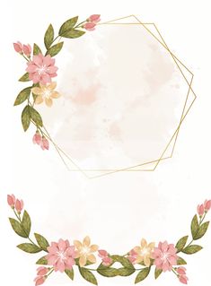 a floral frame with pink flowers and green leaves on the edges, in front of a watercolor background