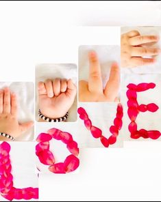 various images of hands and letters made out of plastic beads