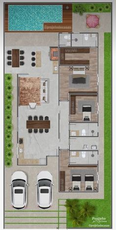 Dream House Layout, Resort Design Plan, Long House, Modern Bungalow House