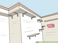 the inside of a building with shelves and benches