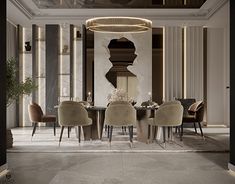 an elegant dining room with marble flooring and high ceiling lighting, along with beige upholstered chairs