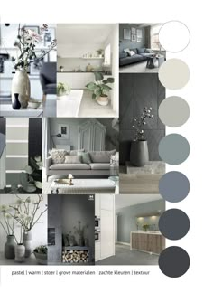 a collage of different shades of grey and white in the living room, dining room, kitchen