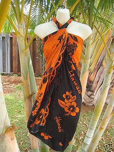 Hawaii-Sarong-Orange-Black-Hibiscus-Coverup-Hawaiian-Pareo-Beach-Luau-Dress Hawaii Costume, Wedding Luau, Hawaiian Sarong, Hibiscus Flower Print, Black Hibiscus, Luau Dress, Wife Clothes, African Bridesmaid Dresses, Hawaiian Art