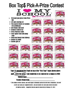 the box top pick - a - prize contest flyer for school is shown in pink