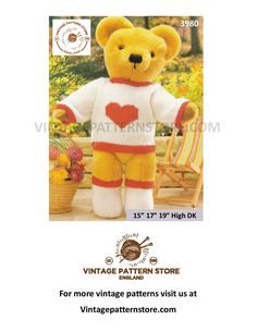 a teddy bear with a sweater on it's chest and the words vintage pattern store written