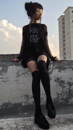 Oversized mesh top with graphic printed tee, high knees socks & faux leather shoes by svyuros - #fashion #grunge #alternative #FashionTrendsGrunge Tokyo Street Fashion, Hipster Grunge, Neue Outfits, Thigh High Socks, Alt Fashion, Gothic Outfits, Goth Outfits