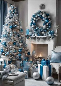 29 Blue Christmas Tree Ideas: Bringing Winter Magic Into Your Home - ReenaSidhu Blue And White Christmas Decorations, Winterwonder Land Christmas Decor, White And Blue Christmas Decorations, Blue And White Christmas Decor, Porch Diy, Christmas Tree Inspo, Bedroom Scandinavian