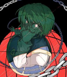 an anime character with green hair and chains around her neck, sitting on top of a globe