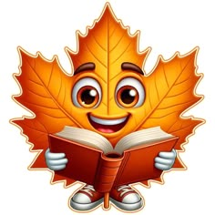 a cartoon maple leaf reading a book