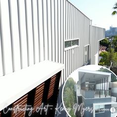 an aerial view of a modern house and its surrounding area with the city in the background