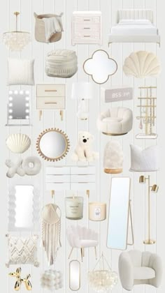 an assortment of white furniture and accessories on a striped wallpapered background with gold accents