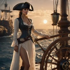 a beautiful woman in a pirate costume standing on the deck of a ship at sunset