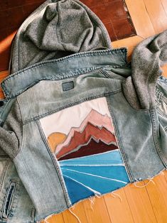 Custom Painted Jean Jacket | Etsy Painted White Jean Jacket, Cute Painted Jean Jacket, Painted Denim Jacket Mountains, Cool Jean Jackets Diy, Painted Demin Jackets, Custom Painted Jean Jacket, Custom Jean Jacket Diy, Diy Jean Jacket Ideas Paint, Denim Pocket Painting