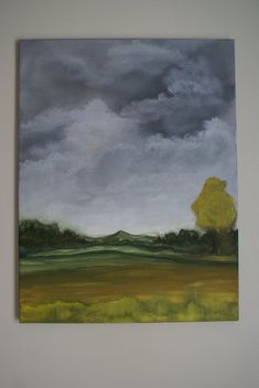 an oil painting of a tree in a field under a cloudy sky, with green grass and yellow flowers