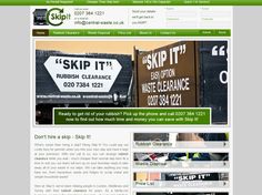 the website for skip it rubbish clearance is displayed in green and black colors with white letters