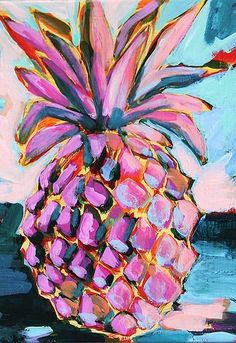 a painting of a pink pineapple on a blue background