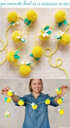 a woman holding up some yellow pom - poms with green leaves and flowers on them