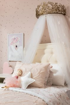 This girly girls room features a crown canopy and so many amazing details design by all is pretty interior styling Ballerina Room Decor, Girls Princess Bedroom, Girls Bedroom Wallpaper