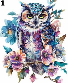 an owl is sitting on a branch with flowers