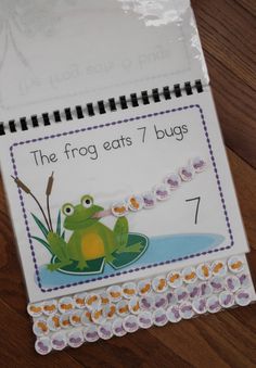 the frog eats 7 bugs book is open to show it's contents and numbers