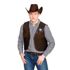 Adults Cowboy Sheriff Waistcoat Dark Brown One Size | Merthyr Tydfil | Why Not Shop Online Wild West Fancy Dress, Cowboy Sheriff, Sheriff Star, Fancy Dress Wigs, Mens Black Vest, Cowboy Vest, Wicked Costumes, Wild West Party, American Cowboy