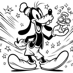 an image of mickey mouse with stars in the sky behind him, black and white