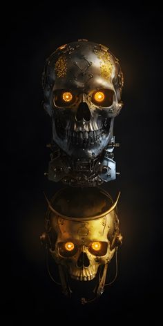 two skulls with glowing eyes are shown against a black background, one is gold and the other is silver