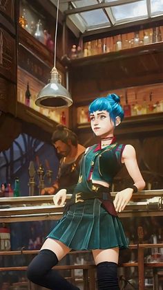 a woman with blue hair standing in front of a bar