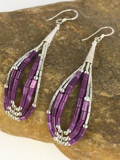 Purple Teardrop Earrings With Dangling Beads, Beaded Wedding Jewelry, Ombre Earrings, Beaded Earrings Diy, Earrings Diy, Beaded Wedding, Silver Dangle Earrings, Sterling Silver Dangle Earrings, Purple Stones