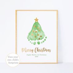 a christmas tree card with gold foil stars on it and the words merry christmas written in green