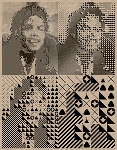 an image of a woman's face in black and white, surrounded by geometric shapes