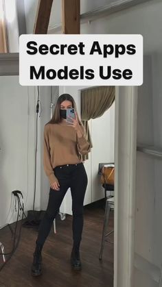 a woman taking a selfie in front of a mirror with the words secret apps models use