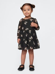 Soft stretch mesh dress with jersey lining.  Crewneck with keyhole closure at back.  Long sleeves.  Tiered hem.  Assorted prints.  Straight silhouette with an easy fit.  Hits at the knee.  Sizes range from baby to toddler. Black Mesh Dress, Sewing Project, Baby Gap, Mesh Dress, New Woman, Dress Black, The Knee, Baby Toddler, Sewing Projects