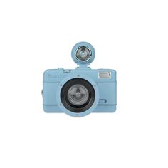 a blue camera sitting on top of a white surface with the lens up to it's center