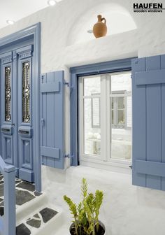 a room with blue doors and windows next to a potted plant on the floor