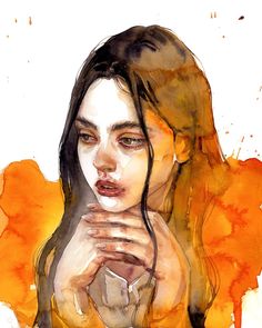 a watercolor painting of a woman's face with her hands clasped to her chest