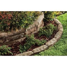 a stone retaining wall in the middle of a grassy area with plants growing on it